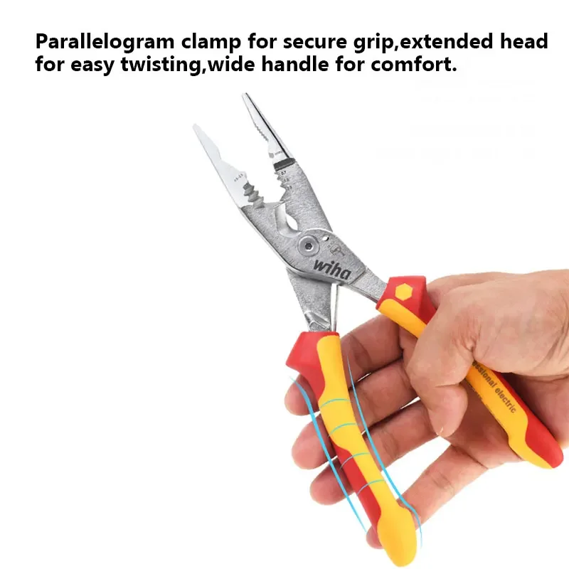Wiha 45489 Multifunctional 8-in-1 Industrial Electrician Insulated Wire Strippers Pointed Crimping and Cutting Pliers 1000V VDE