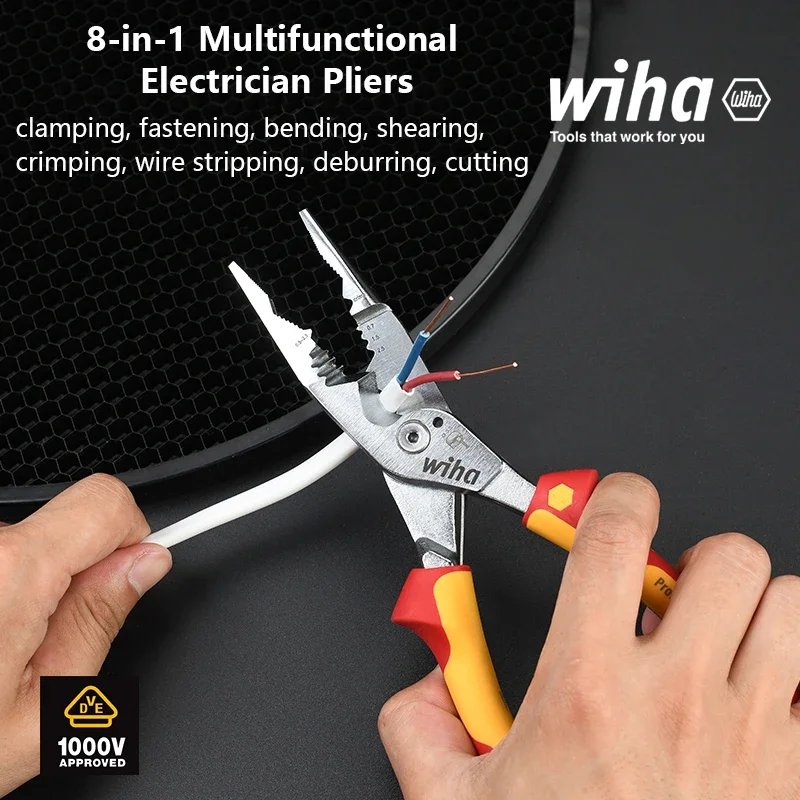 Wiha 45489 Multifunctional 8-in-1 Industrial Electrician Insulated Wire Strippers Pointed Crimping and Cutting Pliers 1000V VDE