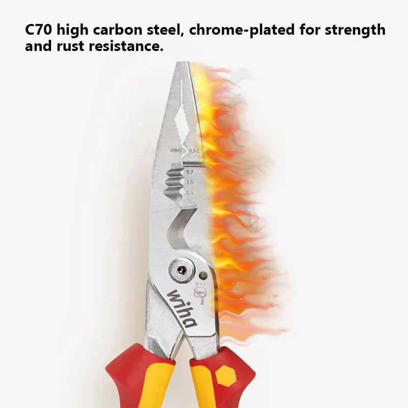 Wiha 45489 Multifunctional 8-in-1 Industrial Electrician Insulated Wire Strippers Pointed Crimping and Cutting Pliers 1000V VDE