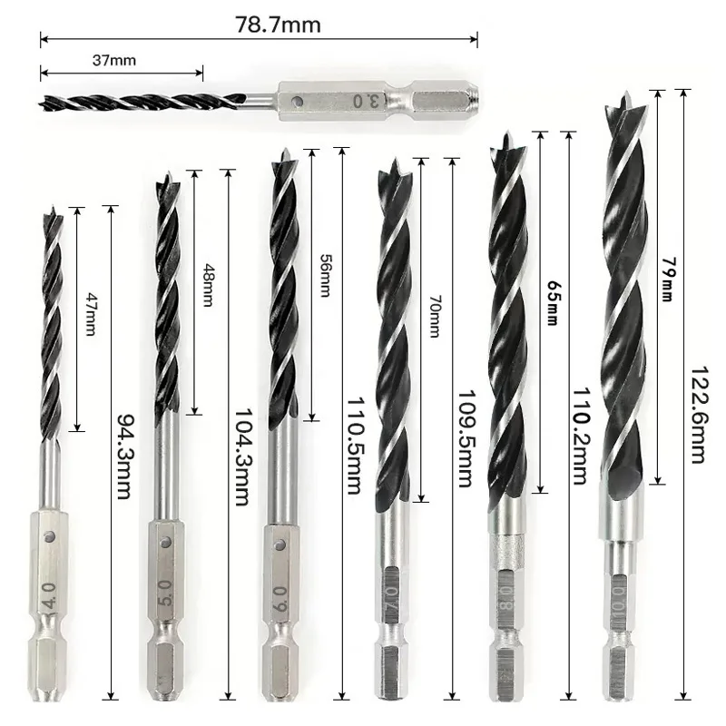 3/4/5/7PCS 1/4" Hex Shank Three-point Woodworking Special Drill Bit 3.0mm-10mm HSS Perforating Electric Drill Rotary Head