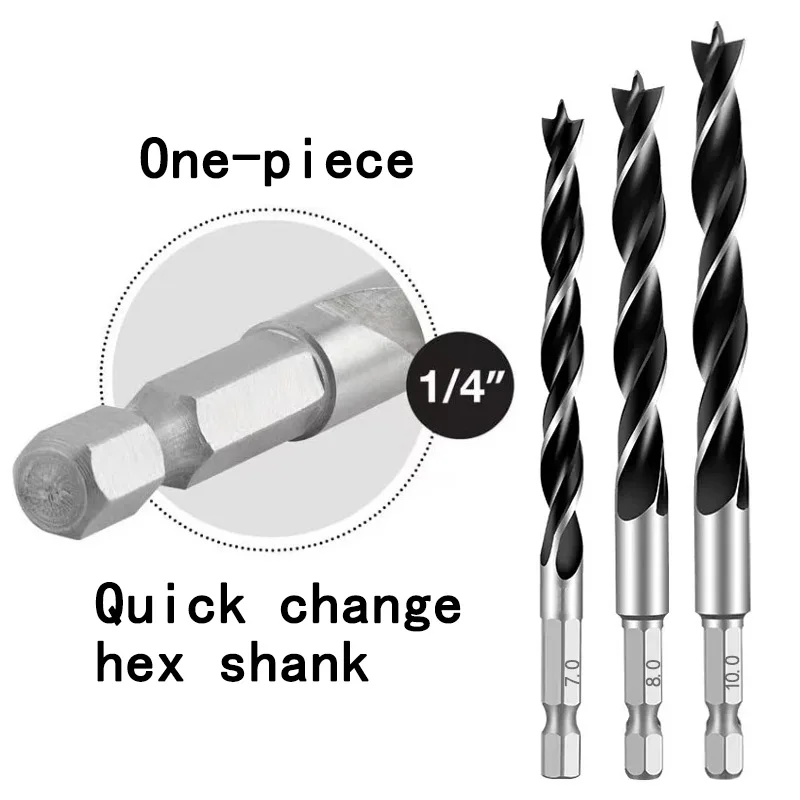 3/4/5/7PCS 1/4" Hex Shank Three-point Woodworking Special Drill Bit 3.0mm-10mm HSS Perforating Electric Drill Rotary Head
