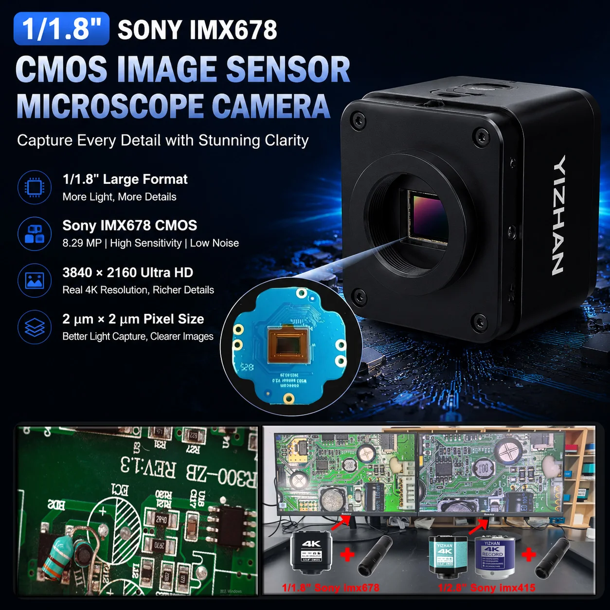4K Electronic Digital Microscope for PCB Soldering/Phone Repair, HDMI USB IMX678 Chip Industrial Camera with Software/150X Lens