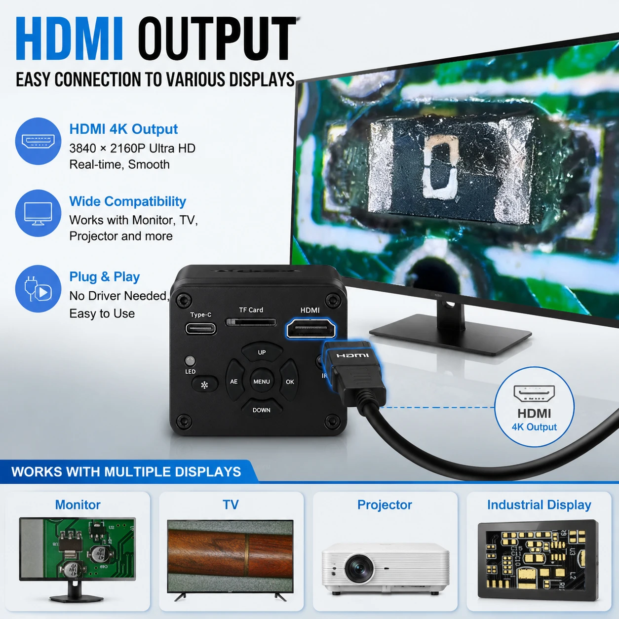 4K Electronic Digital Microscope for PCB Soldering/Phone Repair, HDMI USB IMX678 Chip Industrial Camera with Software/150X Lens