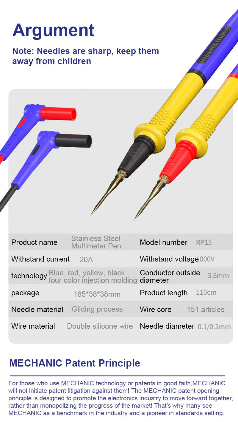 MECHANIC RP4 Multimeter Pen 1000V 20A Stainless Steel Digital Multimeter Ultra Fine Point Needle Soft Test Probe P40