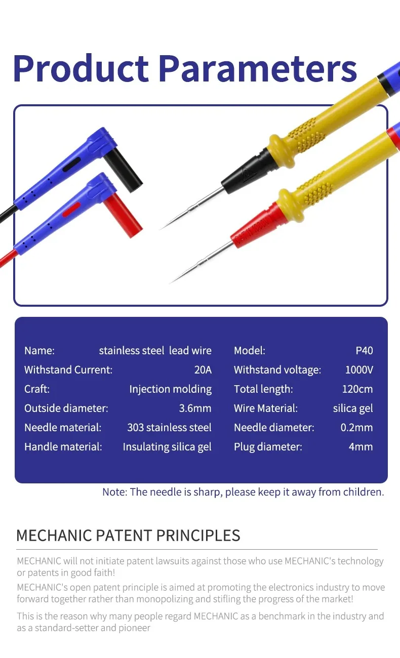 MECHANIC RP4 Multimeter Pen 1000V 20A Stainless Steel Digital Multimeter Ultra Fine Point Needle Soft Test Probe P40
