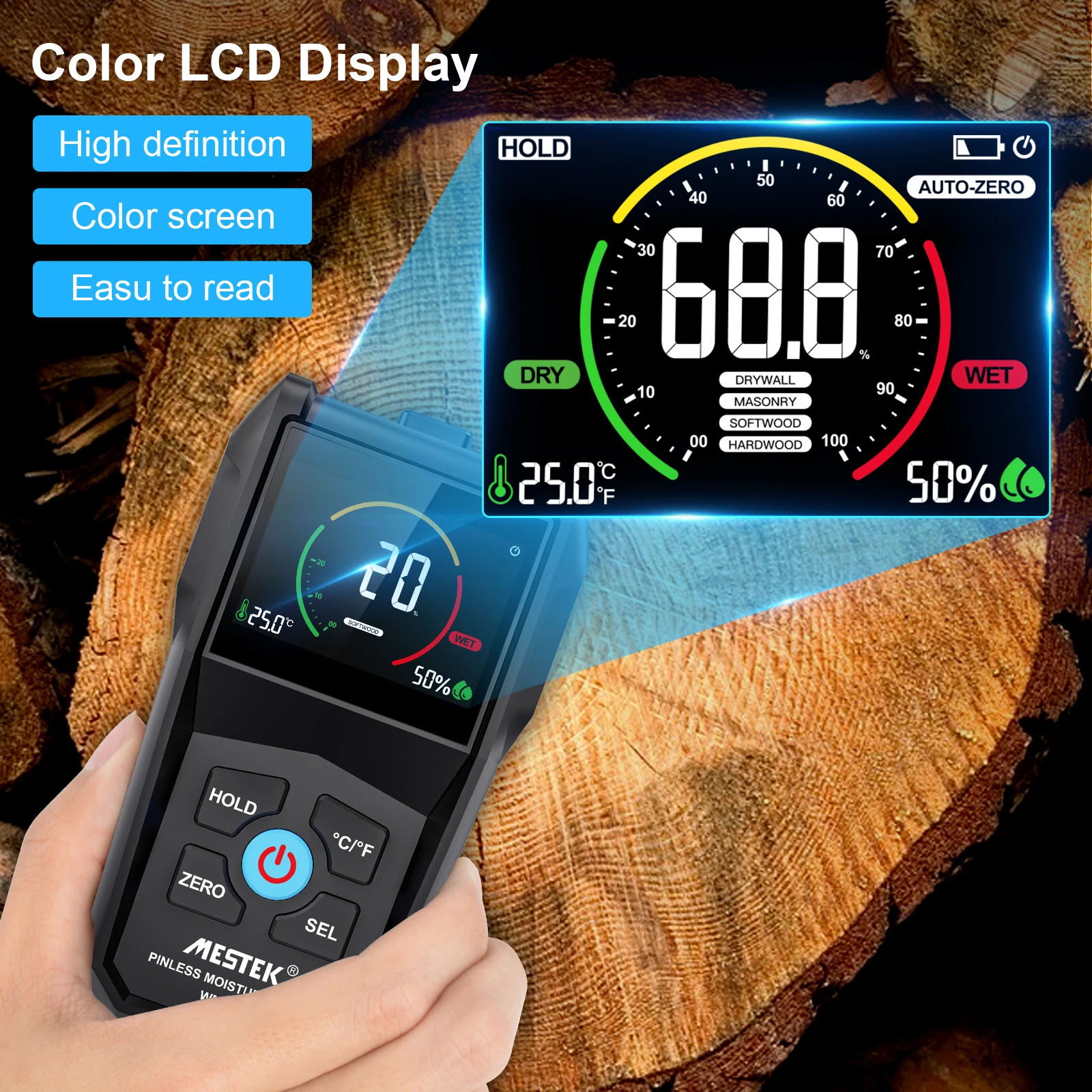 Non-Contact Wood Moisture Meter Inductive Wood Timber Moisture Meter Color Screen Digital Electromagnetic Wood Humidity Tester