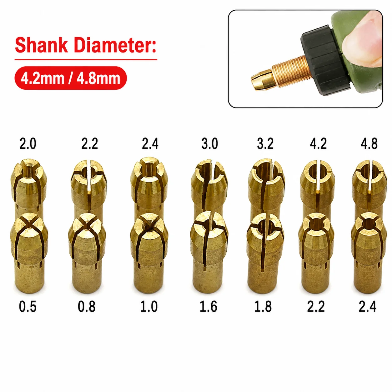 10Pcs Brass Collet Chuck Set 0.5-3.2mm 4.2/4.8mm Shank Three-Prong Drill Collets for Dremel Rotary Tool