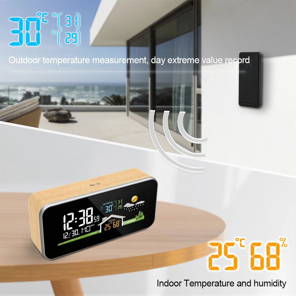 Wireless Weather Station Wooden Alarm Clock Digital Thermometer Humidity Temperature Wireless Sensor Home TimeWatch Desktop