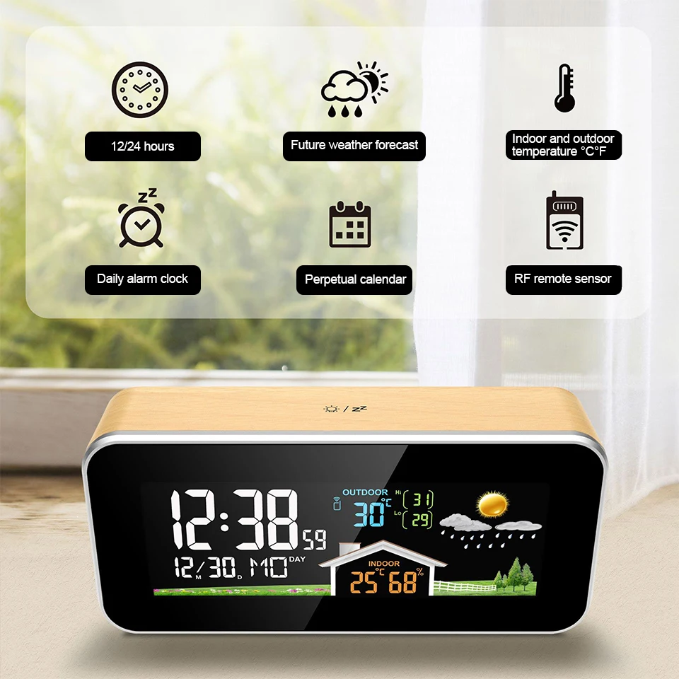 Wireless Weather Station Wooden Alarm Clock Digital Thermometer Humidity Temperature Wireless Sensor Home TimeWatch Desktop