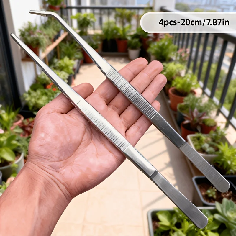 4-Piece Set (2 Straight + 2 Curved) Long Tweezers, Multifunctional Stainless Steel Tweezers for Planting and Cleaning, Durable and Sturdy, Suitable for Bonsai Care, Aquarium Maintenance, Home and Office Use, Useful Pla