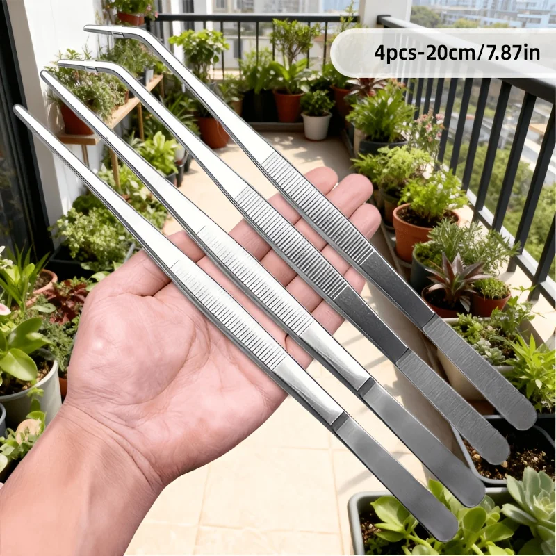 4-Piece Set (2 Straight + 2 Curved) Long Tweezers, Multifunctional Stainless Steel Tweezers for Planting and Cleaning, Durable and Sturdy, Suitable for Bonsai Care, Aquarium Maintenance, Home and Office Use, Useful Pla