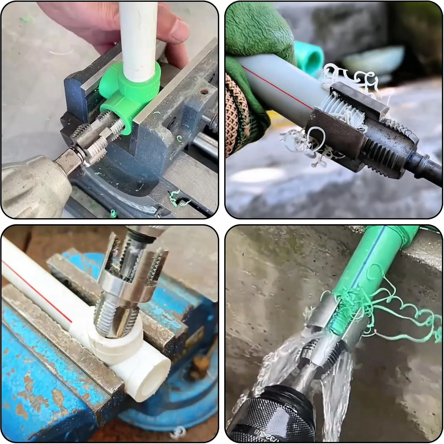 4-in-1 Pipe Thread Processing Tool Set, Suitable for Internal/External Pipe Thread Cutting of 1/2, 3/4, and 1 inch PVC Pipes