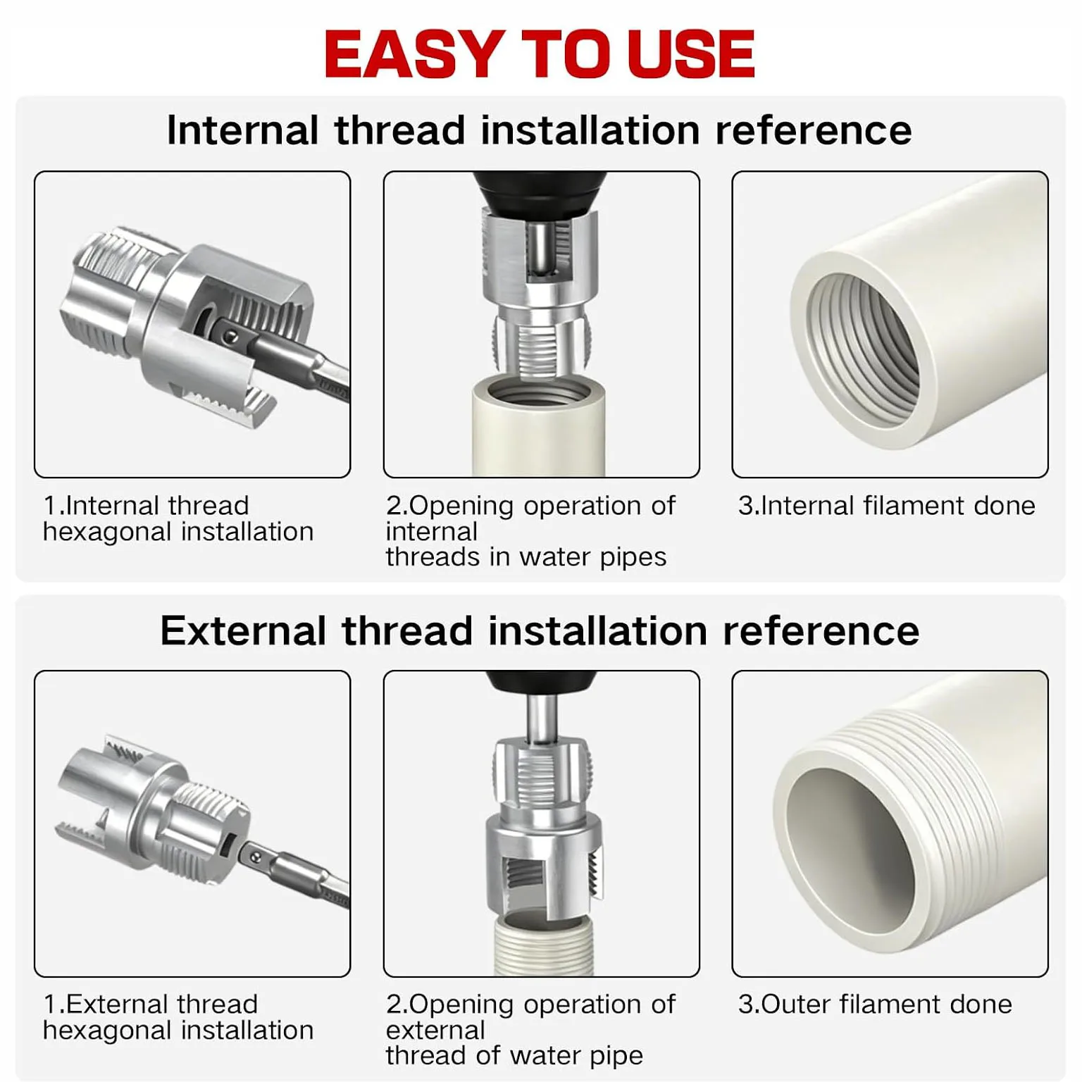 4-in-1 Pipe Thread Processing Tool Set, Suitable for Internal/External Pipe Thread Cutting of 1/2, 3/4, and 1 inch PVC Pipes