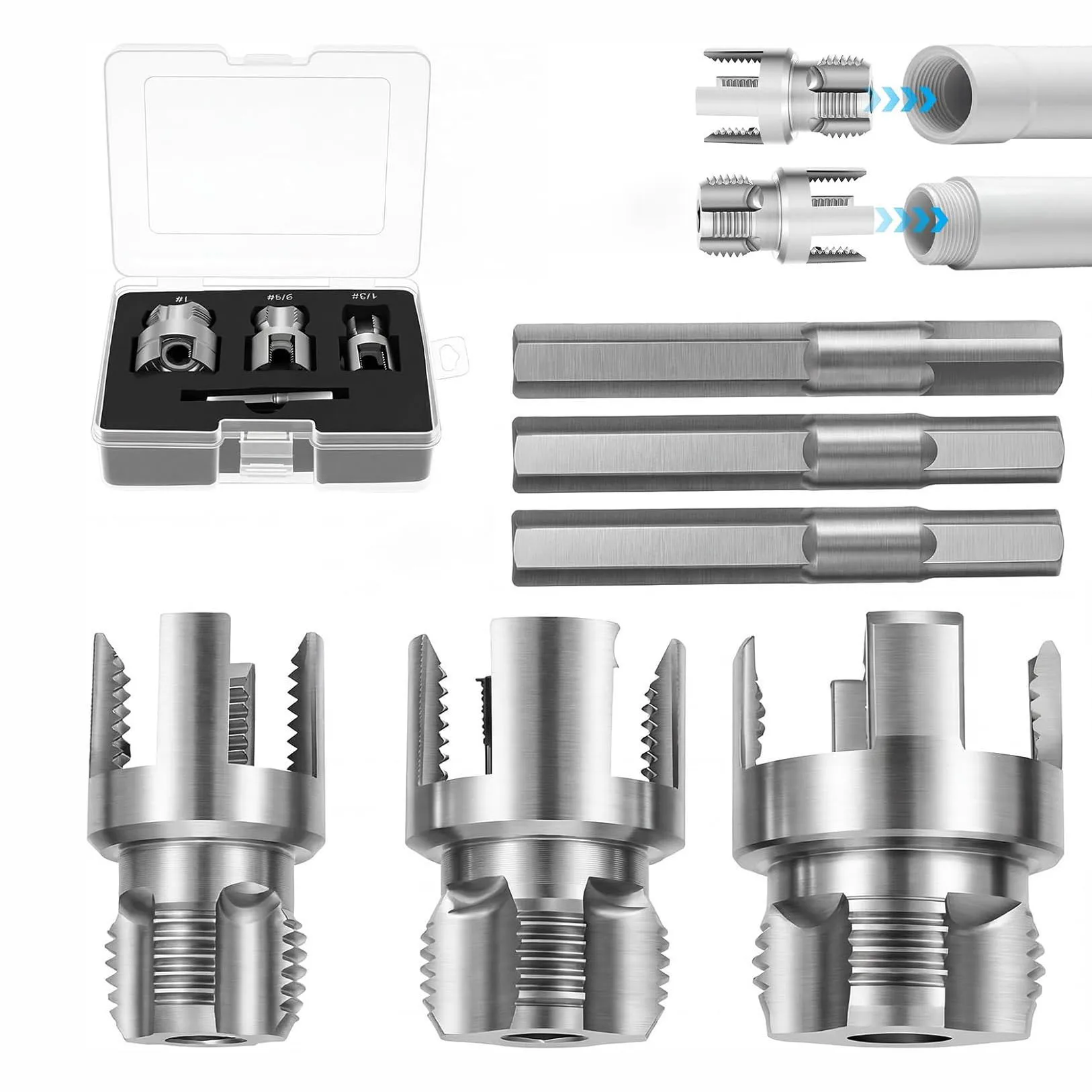 4-in-1 Pipe Thread Processing Tool Set, Suitable for Internal/External Pipe Thread Cutting of 1/2, 3/4, and 1 inch PVC Pipes