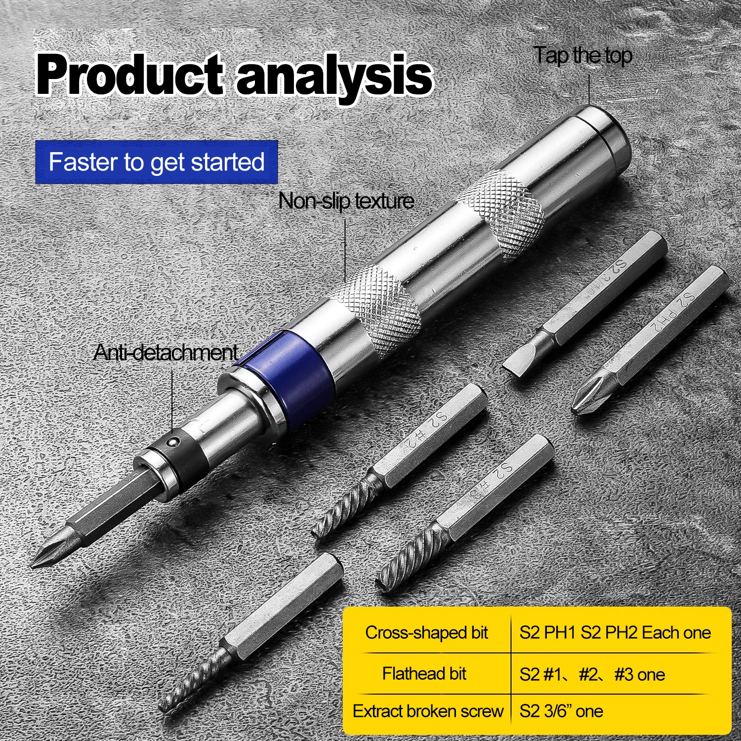 6in1 Screwdriver Set 1/4-inch Impact Drive Rusted Stuck Broken Fasteners Remover with Complete Specifications