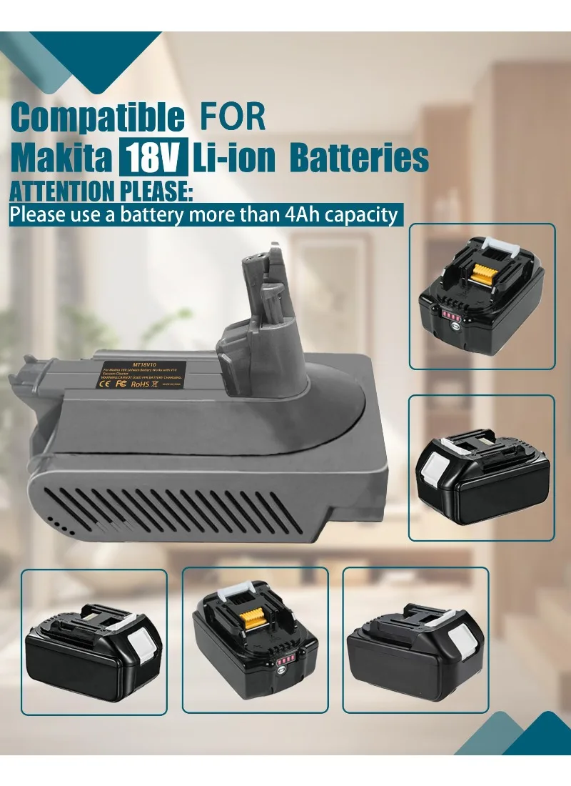 Battery Adapter for Makita/Milwaukee/DeWalt/Ryobi/Ein/Bosch/Craftsman 18V Lithium Batteries To for Dyson V10 Vacuum Cleaner