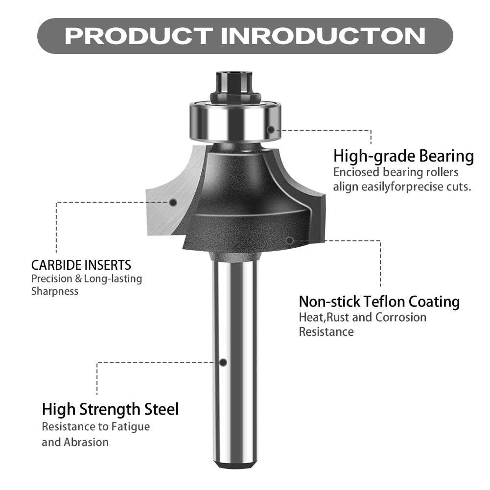 6mm Shank 1/4" Shank Corner Round Over Router Bit with Bearing Milling Cutter for Wood Woodwork Tungsten Carbide