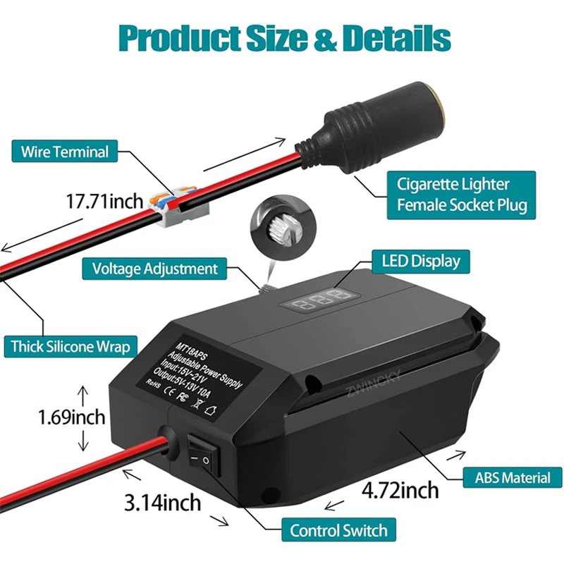 18V To 5-13V Step Down Converter For Makita/Dewal/Milwauke/Bosch/Einhel 18V Battery Cigarette Lighter Adapte Voltage Regulator