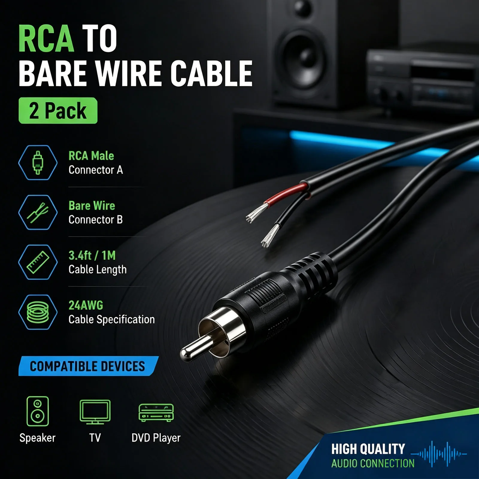 2Pcs RCA Male Plug Jack to Bare Wire Cable Repair Cord For CD DVD Player Tuner Amplifier Audio Speaker Subwoofer HDTV Cable 1m