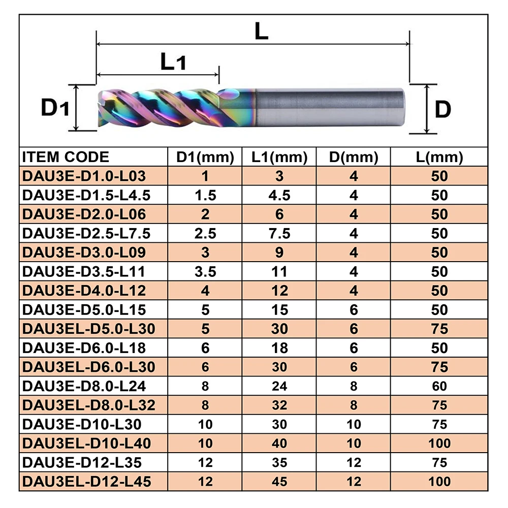 Dreanique 1pc 1-12mm 3 Flute Solid carbide Carbide Alloy End Mill, DLC Coating, U-Shaped Milling Cutter for Aluminium DAU3E