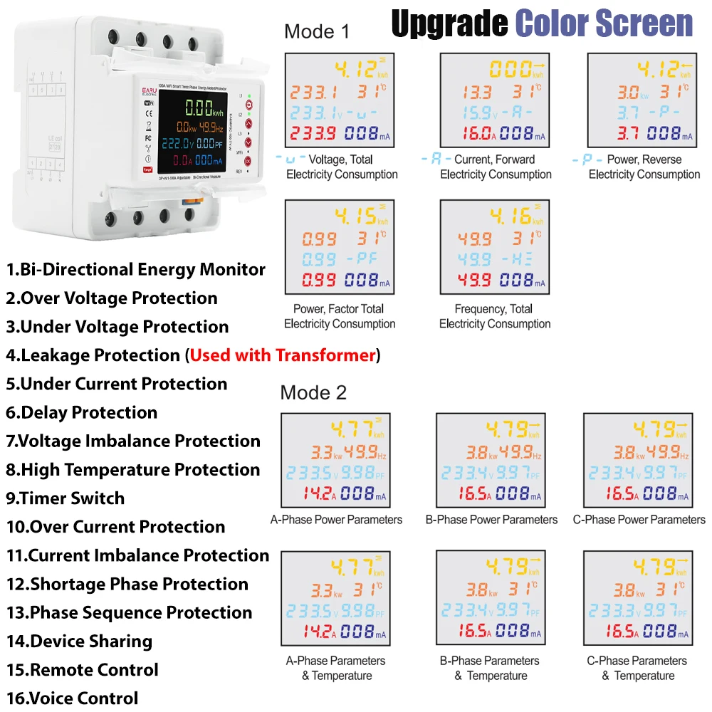 EARU Three Phase Tuya App WiFi Smart Bidirectional Current Voltage Power Energy kWh Meter Earth Leakage Protector Relay Switch