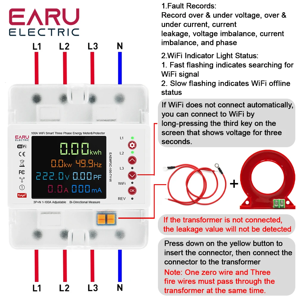 EARU Three Phase Tuya App WiFi Smart Bidirectional Current Voltage Power Energy kWh Meter Earth Leakage Protector Relay Switch