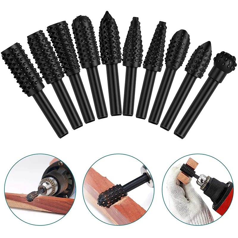 5pcs/10pcs Wood Carving File Rasp Drill Bit, 1/4" 6mm Rotary Rasp Drill Bit Set, DIY Woodworking Rotating Embossed Chisel Shaped