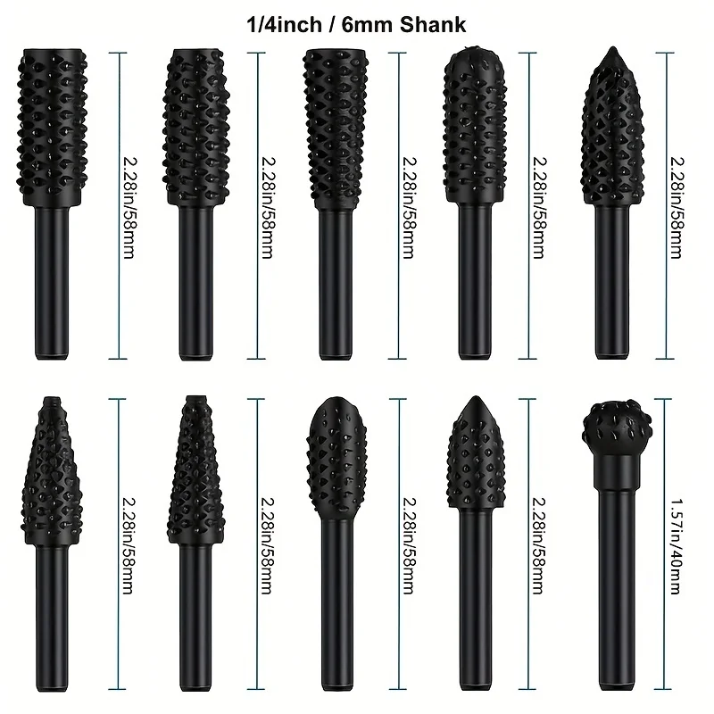 5pcs/10pcs Wood Carving File Rasp Drill Bit, 1/4" 6mm Rotary Rasp Drill Bit Set, DIY Woodworking Rotating Embossed Chisel Shaped