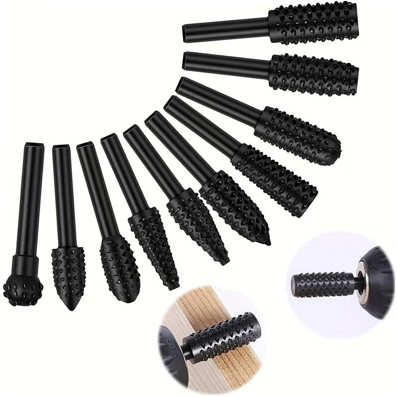 5pcs/10pcs Wood Carving File Rasp Drill Bit, 1/4" 6mm Rotary Rasp Drill Bit Set, DIY Woodworking Rotating Embossed Chisel Shaped