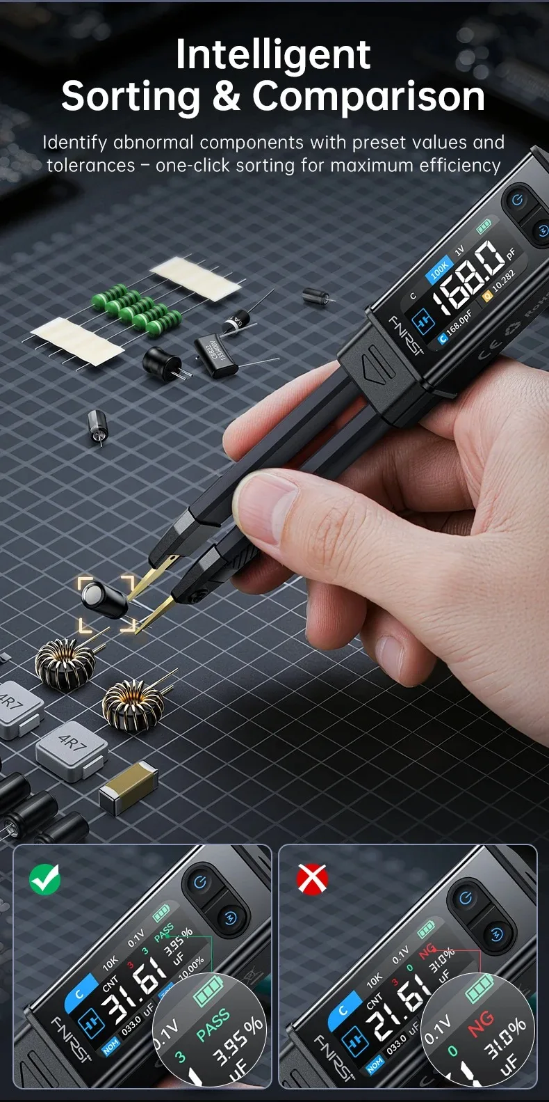 FNIRSI LCR-ST2 Portable Smart Tweezer LCR SMD ESR Tester Resistance Capacitance Inductance Continuity Diode Test Measurement