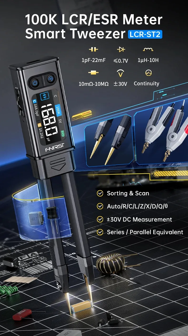 FNIRSI LCR-ST2 Portable Smart Tweezer LCR SMD ESR Tester Resistance Capacitance Inductance Continuity Diode Test Measurement