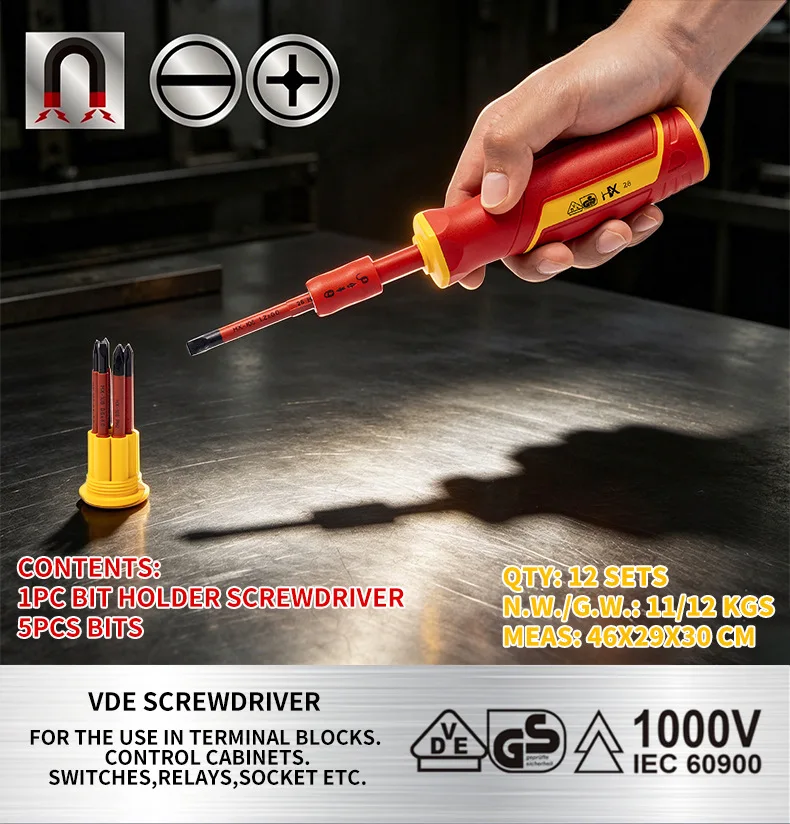 6 in 1 VDE Insulated Screwdriver Bit Set Quick‑Change Interchangeable Screwdriver Kit Slotted & Phillips Insulated Screwdriver