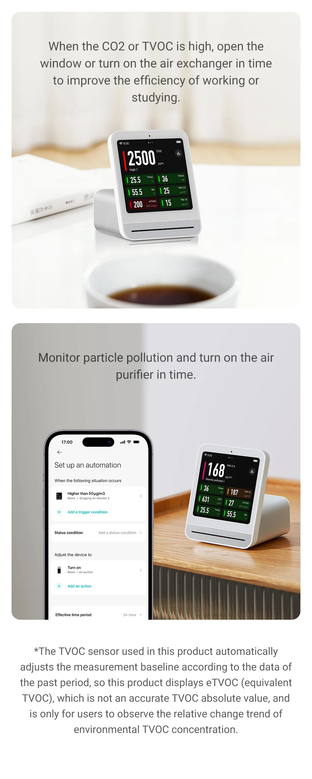Qingping Air Monitor Gen 2, 7in1 Indoor Air Quality Meter Detects PM2.5,CO2,PM10,eTOVC,Noise,Temperature and Humidity,with Alarm