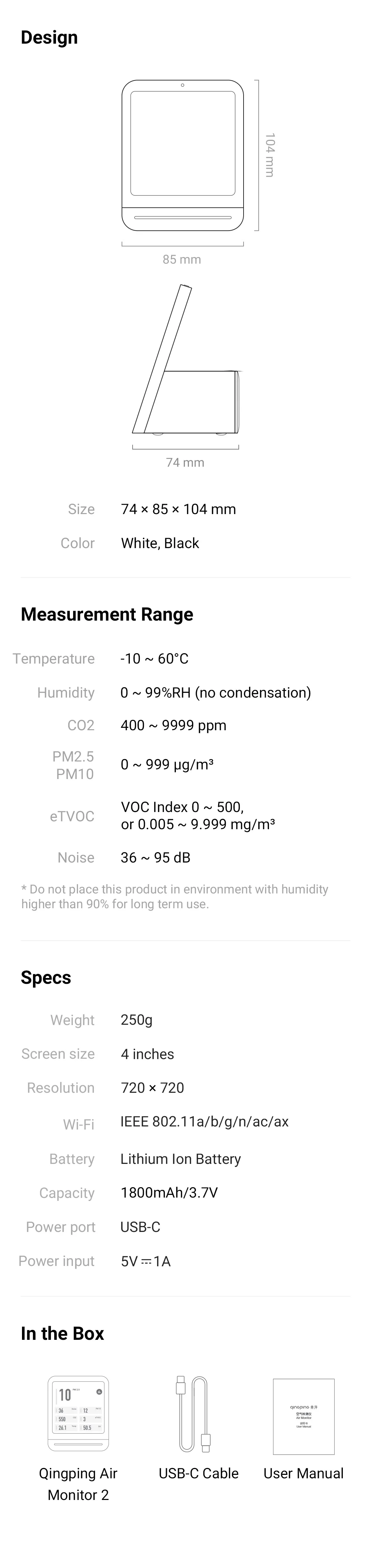 Qingping Air Monitor Gen 2, 7in1 Indoor Air Quality Meter Detects PM2.5,CO2,PM10,eTOVC,Noise,Temperature and Humidity,with Alarm