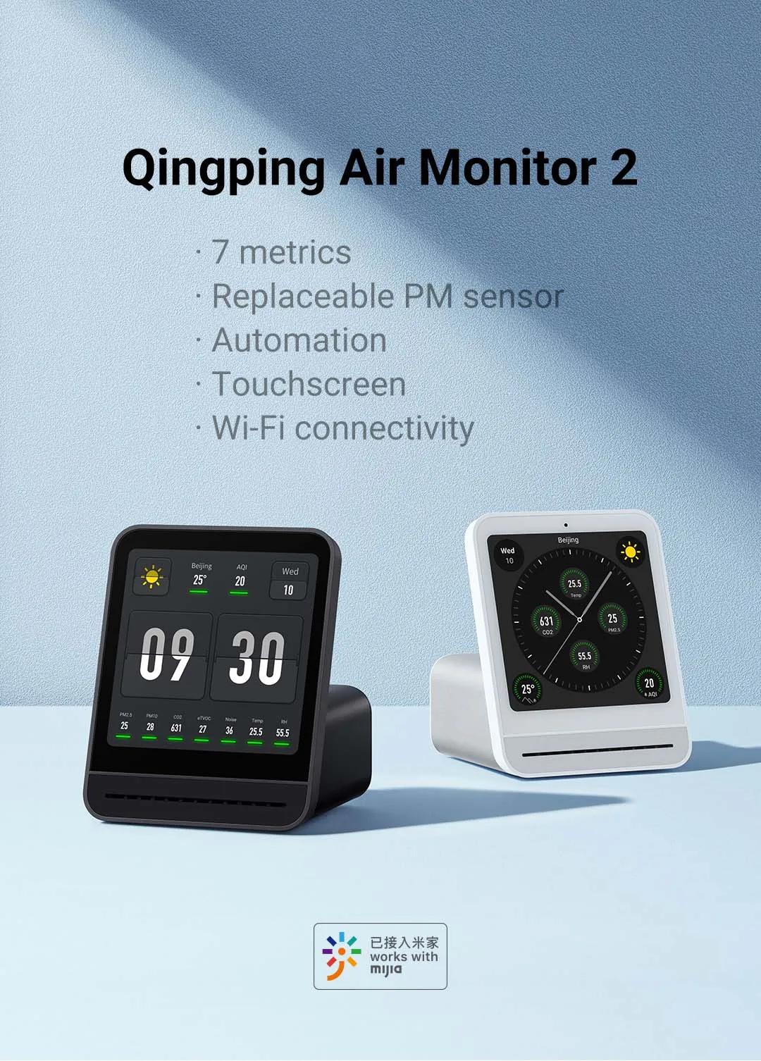 Qingping Air Monitor Gen 2, 7in1 Indoor Air Quality Meter Detects PM2.5,CO2,PM10,eTOVC,Noise,Temperature and Humidity,with Alarm