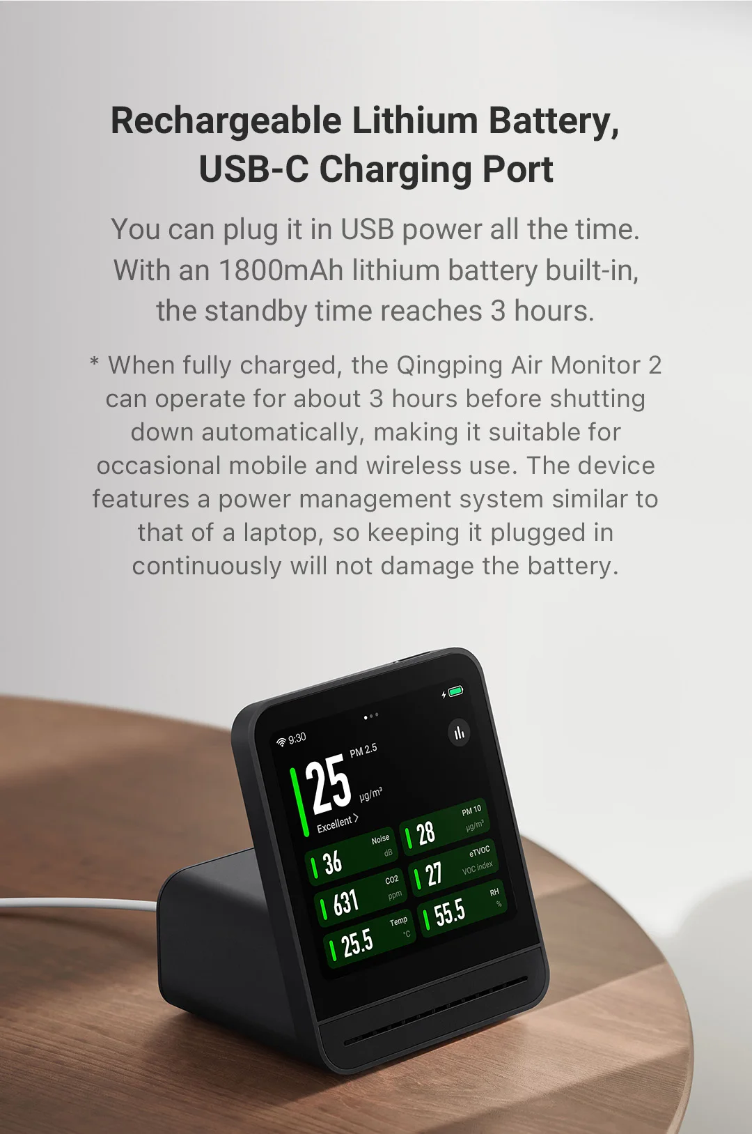 Qingping Air Monitor Gen 2, 7in1 Indoor Air Quality Meter Detects PM2.5,CO2,PM10,eTOVC,Noise,Temperature and Humidity,with Alarm