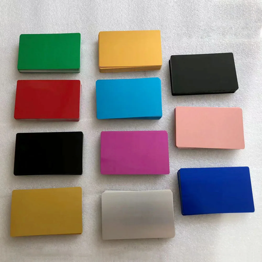 50Pcs Color Metal Business Cards 0.2mm and 0.4mm Thick Engraving DIY Card Office Supplies Aluminum Blank Laser CNC Engraved Card