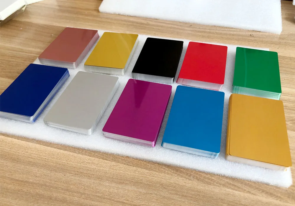 50Pcs Color Metal Business Cards 0.2mm and 0.4mm Thick Engraving DIY Card Office Supplies Aluminum Blank Laser CNC Engraved Card