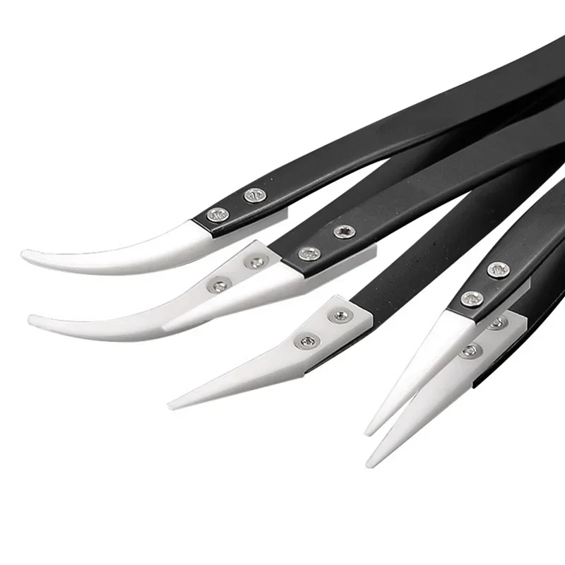 3PCS Anti-Static Ceramic Tweezers Stainless Steel Industrial Ceramic Tweezers Insulated Straight/Curved Tip Black-Whit Tweezers