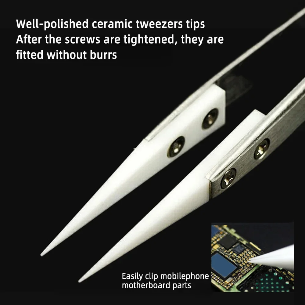3PCS Anti-Static Ceramic Tweezers Stainless Steel Industrial Ceramic Tweezers Insulated Straight/Curved Tip Black-Whit Tweezers