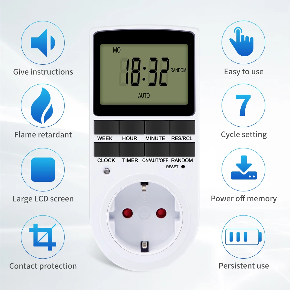 TM02 Electronic Digital Timer Kitchen Timer Socket Outlet 230V 110V 12/24 Hour Cyclic Outlet Programmable Timing EU FR US Plug