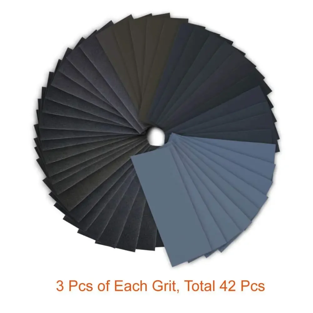 42Pc Wet Dry Sandpaper 120 To 3000 Grit Assortment Abrasive Paper Sheets For Automotive Sanding Wood Furniture Finishing 23*9 cm