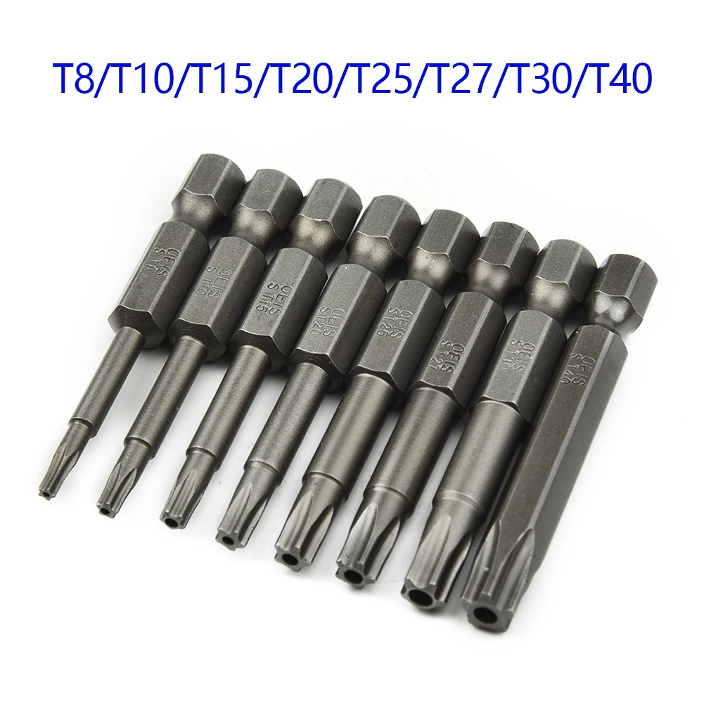 8pcs 50mm 5 Point Torx Drive Bit Set 1/4" Hex Shank Electric Screwdriver Bit Kit T8-T40 Power Tools With Center Hole