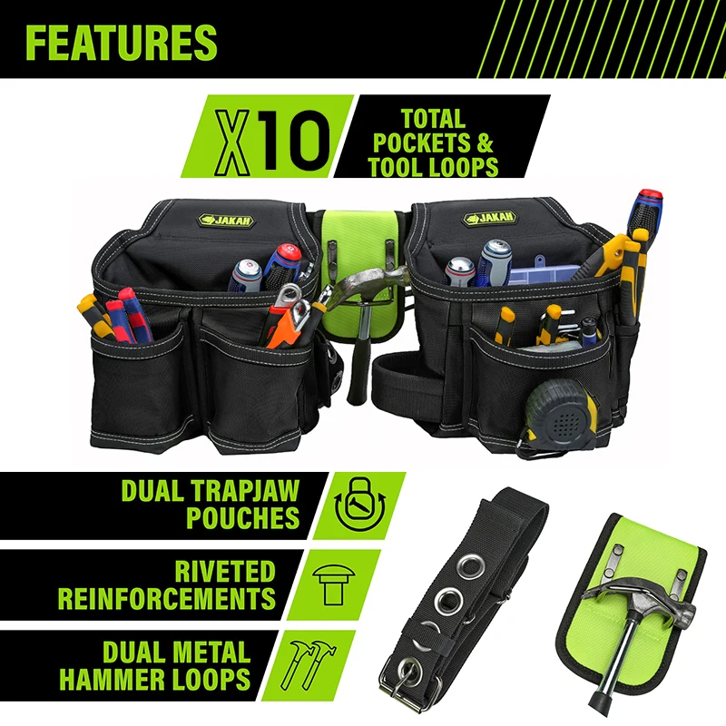 Jakah Tool Belt, Tool Rig, Durable, Premium Tool Belt Organizer Tool Bag with Adjustable Waist Strap Hammer Holder HL047