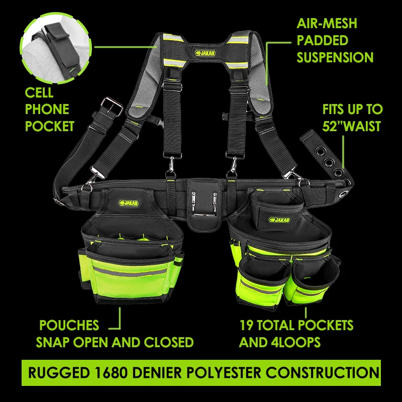 Jakah Tool Belt, Tool Rig, Durable, Premium Tool Belt Organizer Tool Bag with Adjustable Waist Strap Hammer Holder HL047