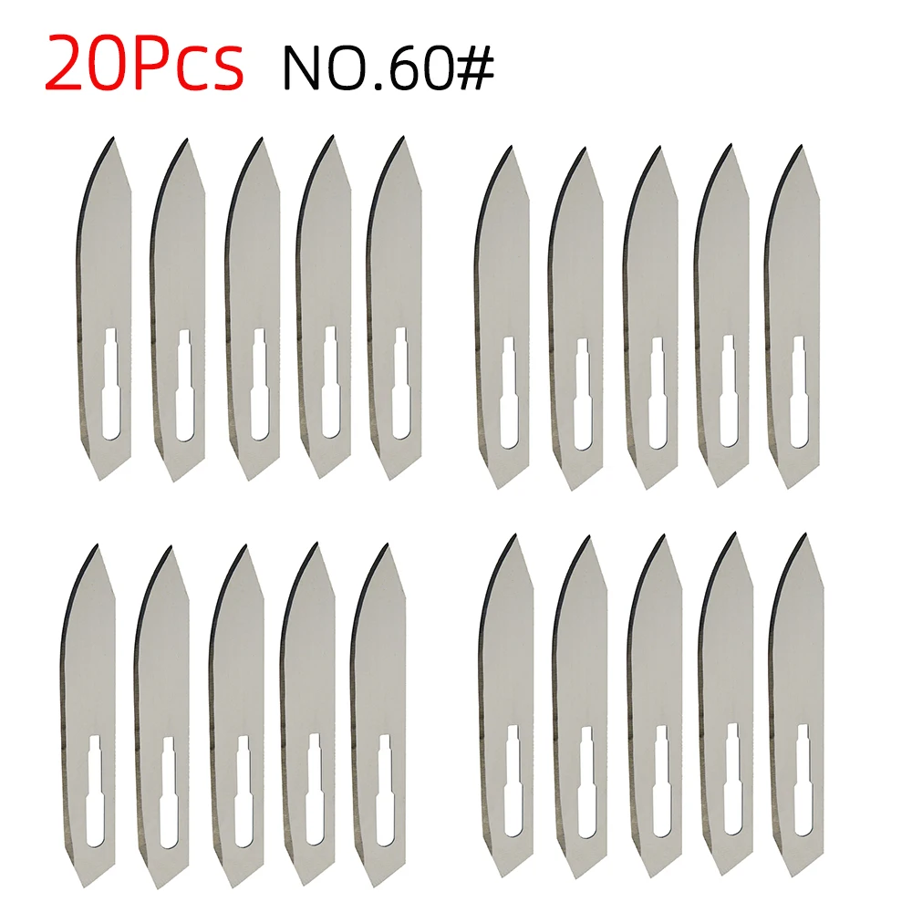 20Pcs Sharp No. 60 Industrial Surgical Blades High Carbon Steel Handicraft Outdoor Enthusiasts Individually Packaged