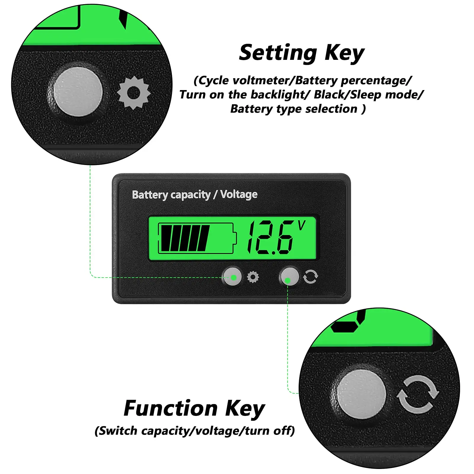 DC 12V 24V 36V 48V 60V 72V Golf Cart Battery Gauge with Alarm, Front Setting and On/Off Button Battery Capacity Meter Indicator