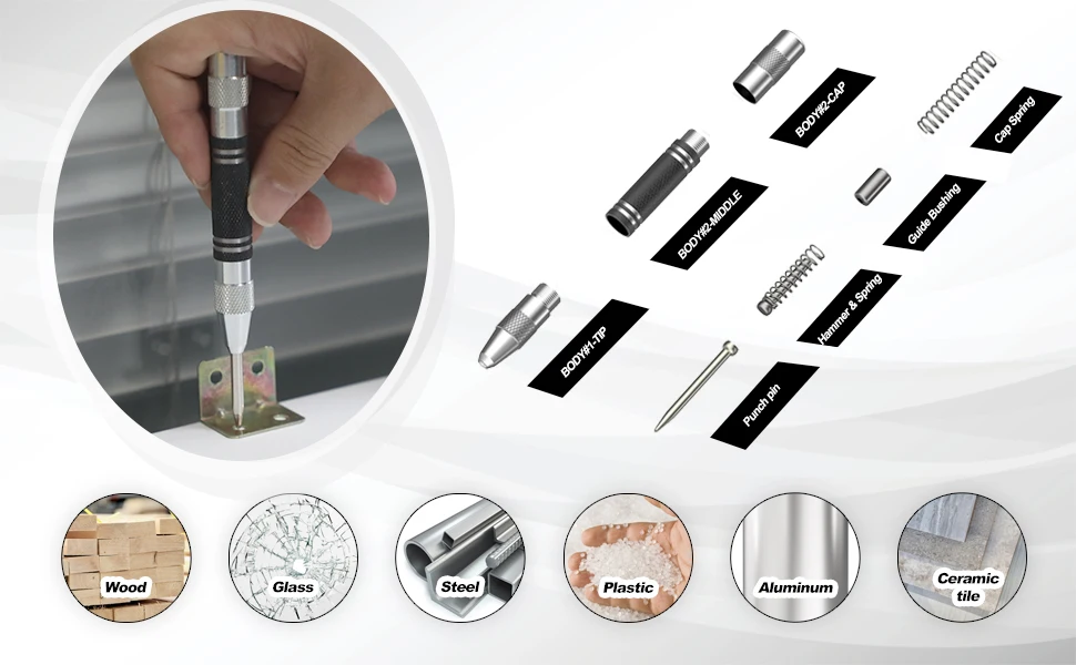 Automatic Center Punch Kerner Woodworking Metal Puncher Steel Hole Self Pin Mark Spring Loaded Dent Marker Hand Tool Carpenter