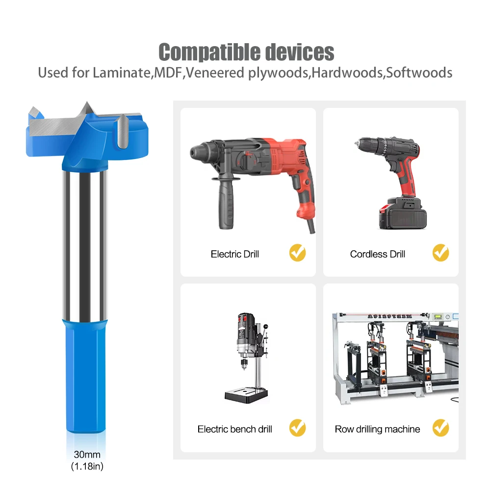 16-50mm Hinge Boring Forstner Drill Bit Hole Saw Cutter Tungsten Carbide Woodworking Drill Bits Set for Wood Plastic Plywood