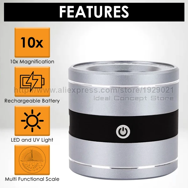 10X Magnifying Optical Jeweler Loupe Full Metal 5 LED/5 UV Light User-friendly Rechargeable Loupe